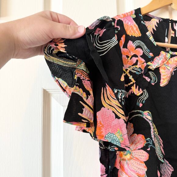 Anthropologie Banjanan Black Floral Bird Ruffle Blouse - Picture 4 of 8